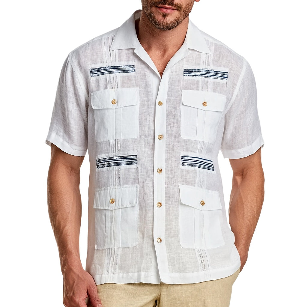 White Linen Guayabera Shirt with Navy Trim