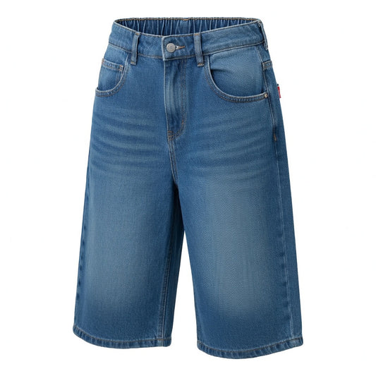 Women's Blue Denim Bermuda Shorts - Elastic Back Waist Relaxed Fit Jorts with Distressed Details