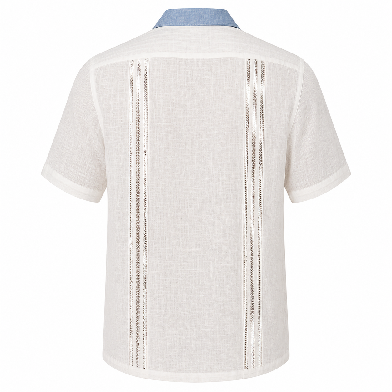 Men’s White Linen Guayabera Shirt with Blue Contrast Collar
