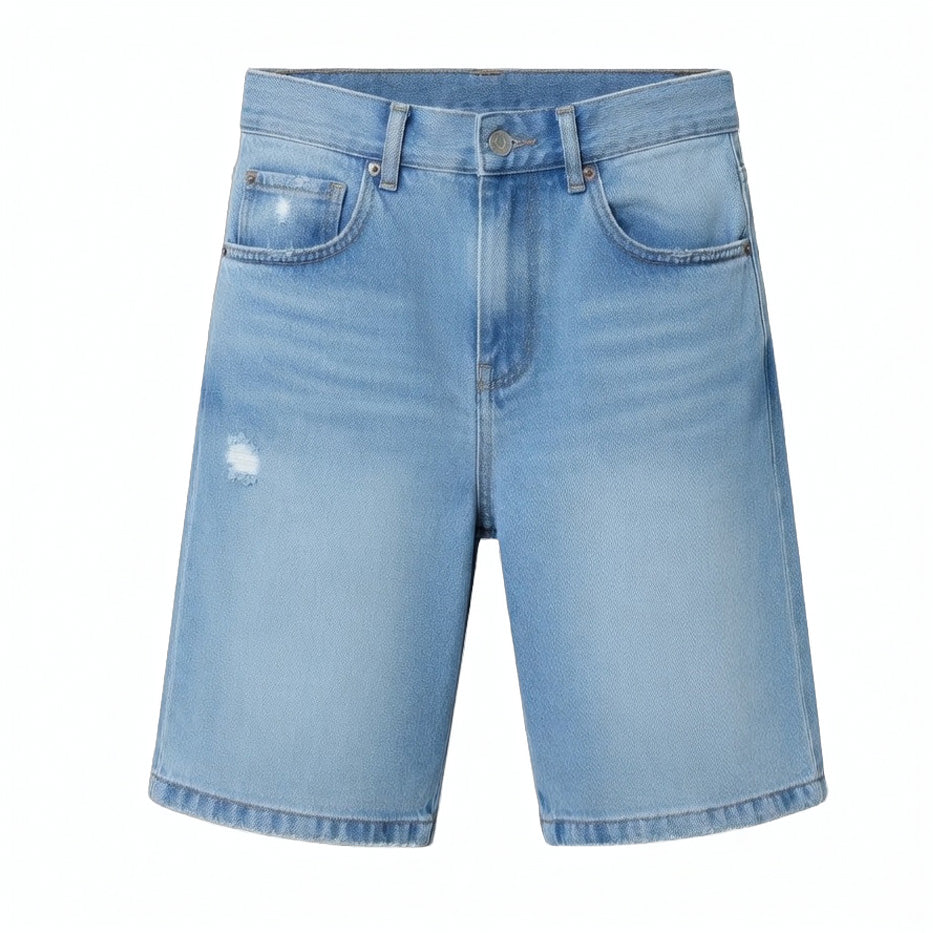 Men's Jorts 90s Style Light Blue Denim Shorts - Color Block Striped Relaxed Fit Bermuda Jorts with Raw