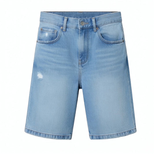 Men's Jorts 90s Style Light Blue Denim Shorts - Color Block Striped Relaxed Fit Bermuda Jorts with Raw