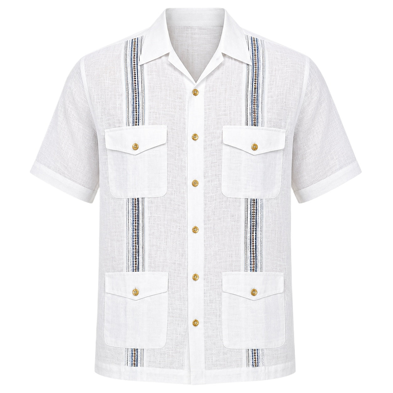 White Linen Guayabera Shirt with Blue Stripes