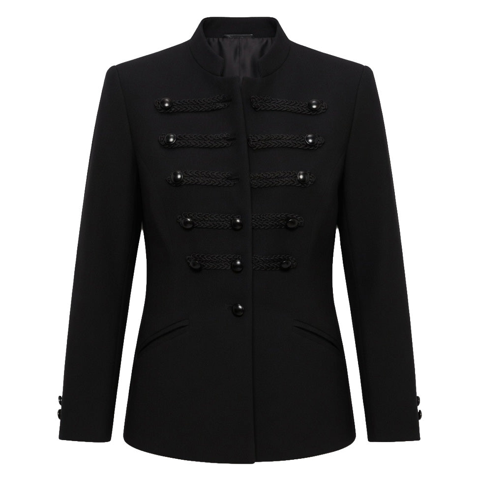 Women's Black Double Breasted Military Blazer Jacket - Braided Trim Stand Collar Structured Blazer