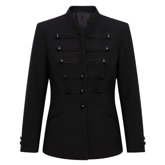 Women's Black Double Breasted Military Blazer Jacket - Braided Trim Stand Collar Structured Blazer