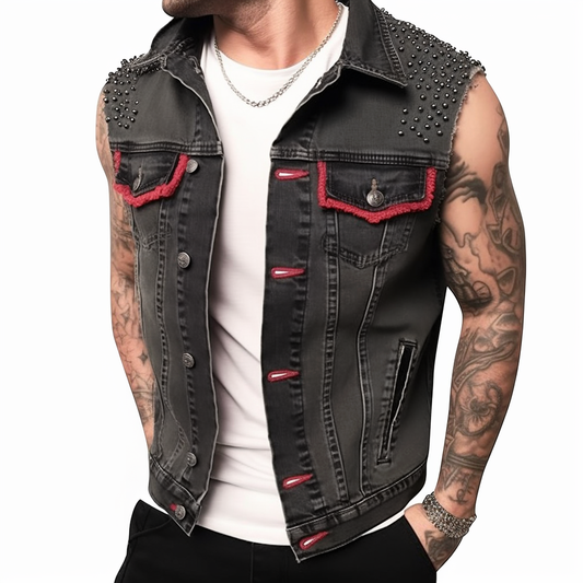 Gilet en jean vintage punk sans manches pour homme avec rivets