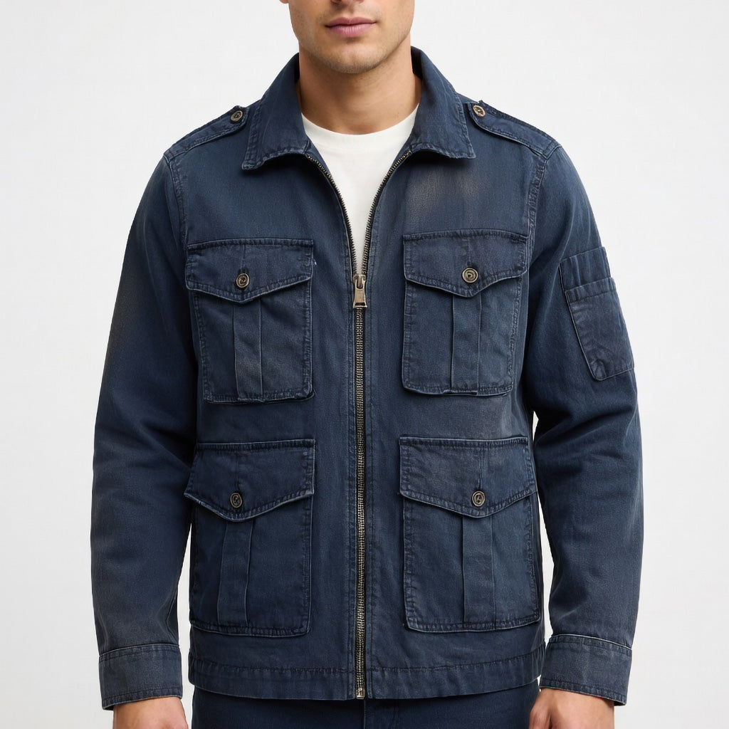 Men's Navy Cotton Utility Jacket - Zip Front Workwear Field Coat