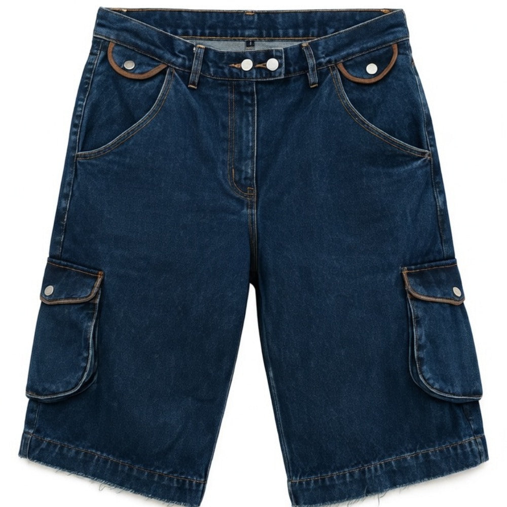 Men's Jorts 90s Style Blue Denim Cargo Shorts - Relaxed Fit Multi-Pocket Utility Bermuda Jorts with Raw Hem