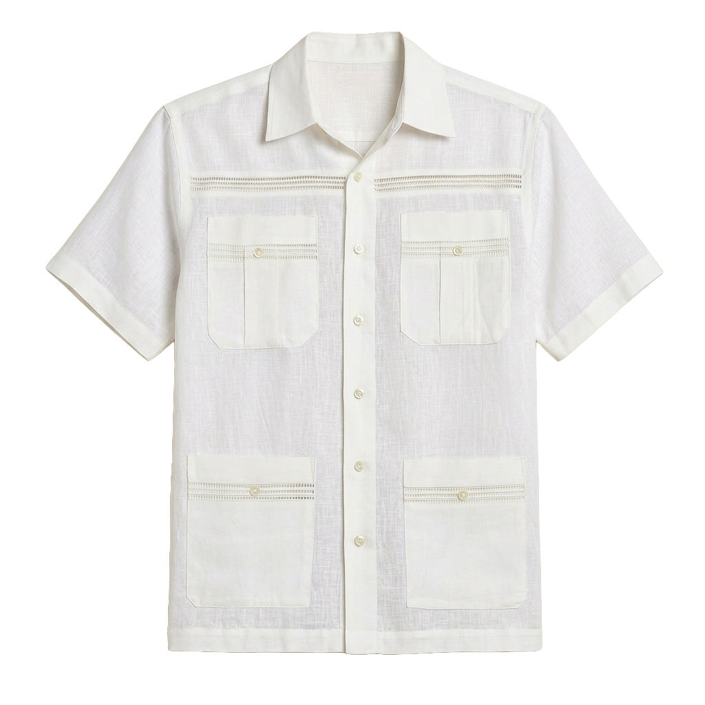 Clean White 4-Pocket Linen Guayabera Shirt