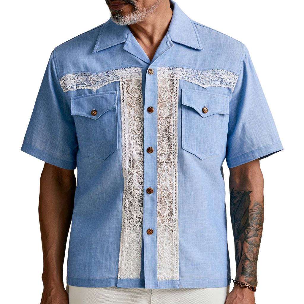 Lace-Panel Resort Guayabera Shirt