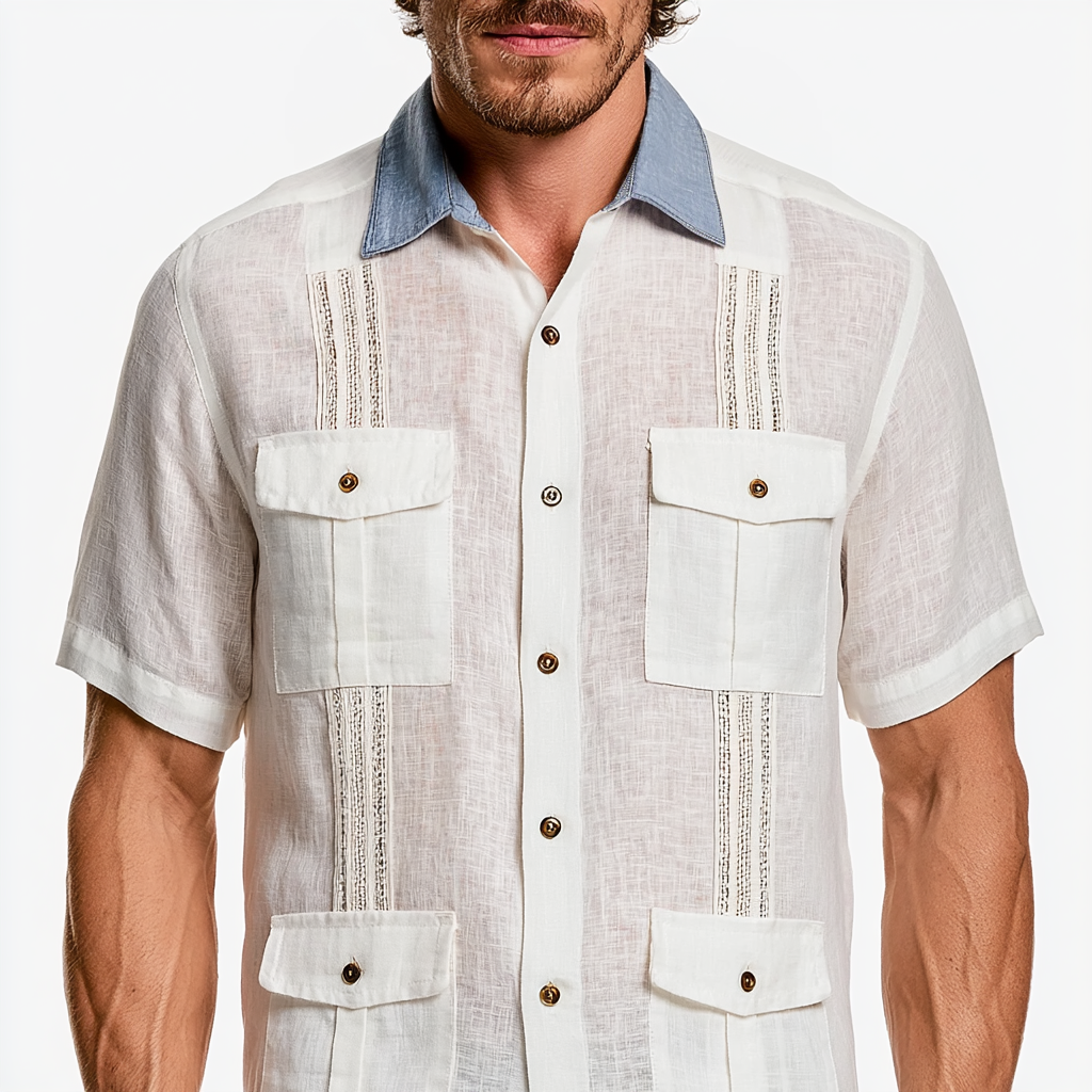 Men’s White Linen Guayabera Shirt with Blue Contrast Collar