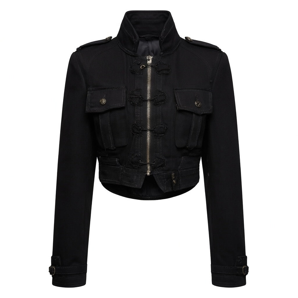 Women's Vintage Black Cropped Napoleon Military Jacket - Stand Collar Ruffled Front Zip Up Utility Blazer with Pockets