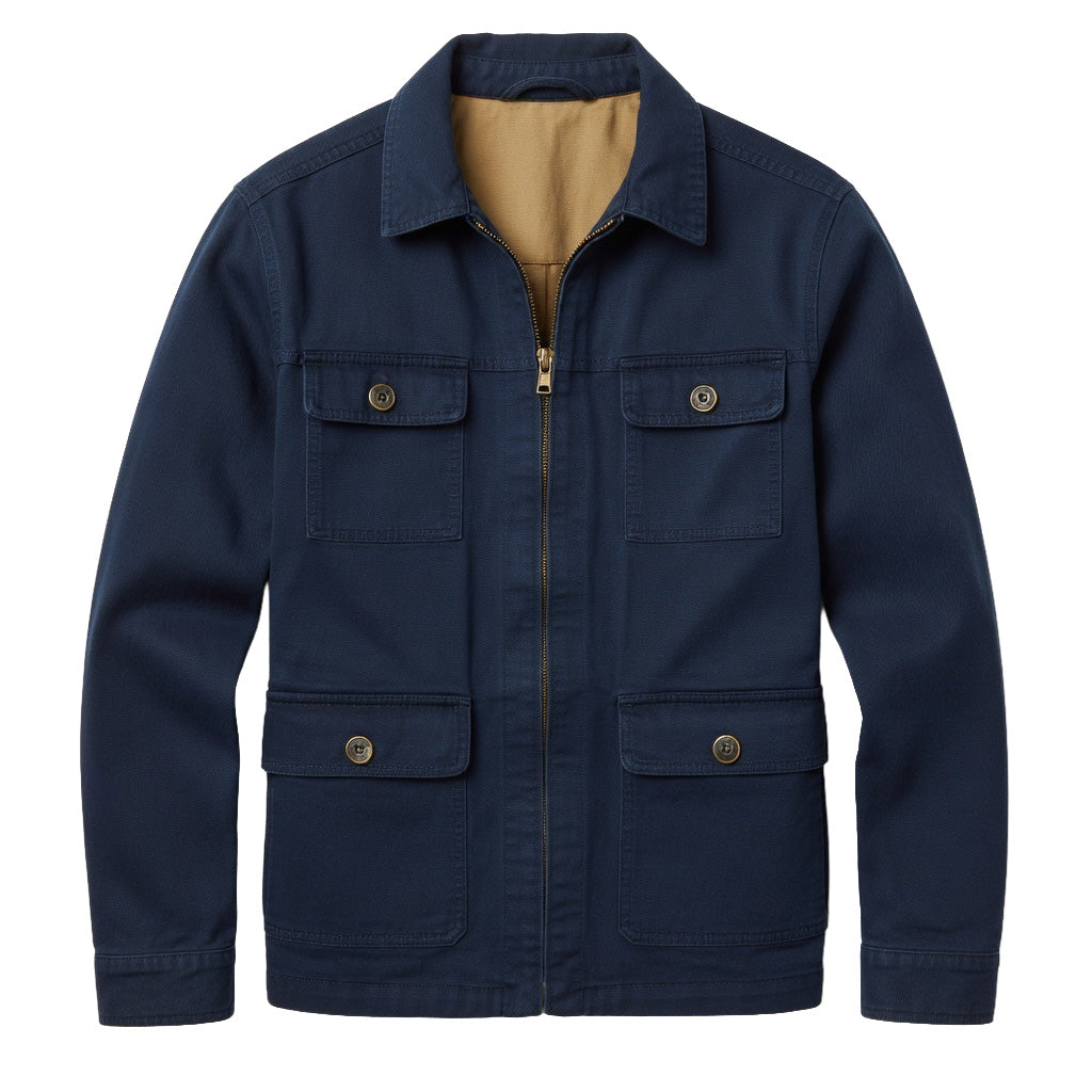 Men's Navy Cotton Utility Jacket - Zip Front Workwear Field Coat