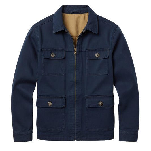 Men's Navy Cotton Utility Jacket - Zip Front Workwear Field Coat