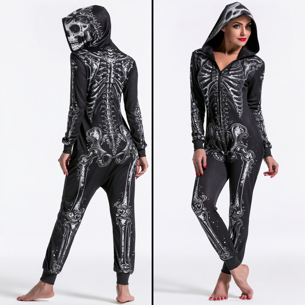 Women’s Hooded Skull Skeleton Jumpsuit Costume