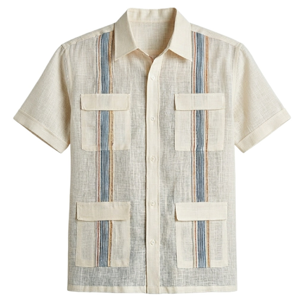 Ivory Linen Guayabera Shirt with Stripe Trim