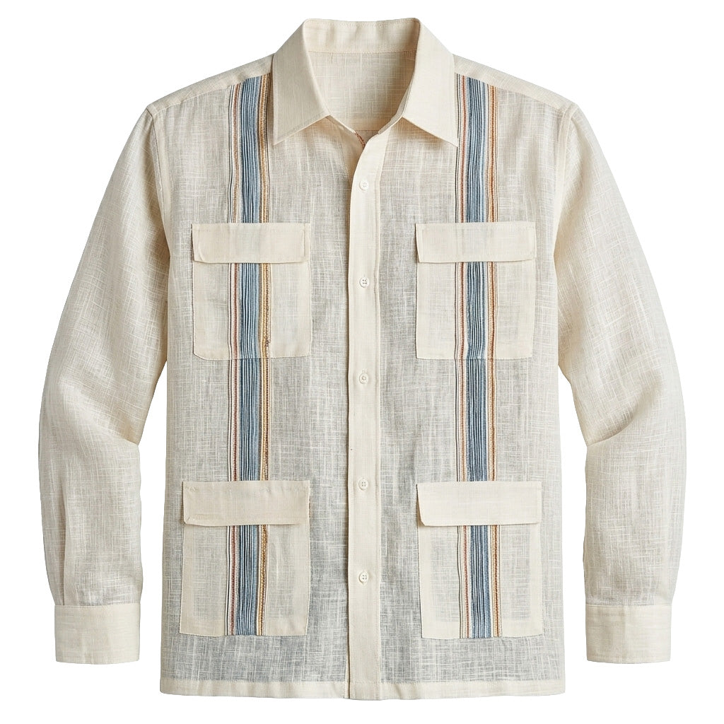 Multi-Stripe Linen Guayabera Shirt