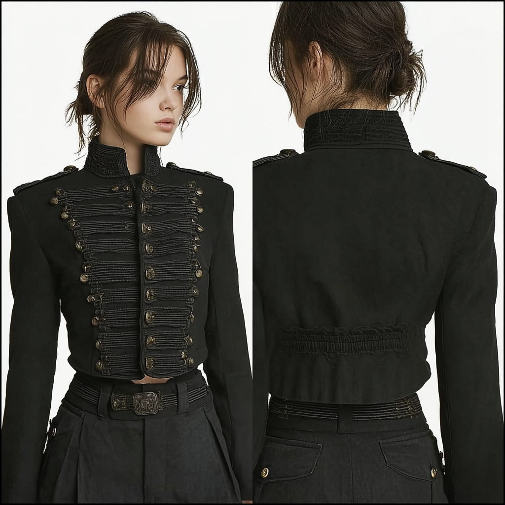 Women's Vintage Black Cropped Napoleon Military Jacket - High Stand Collar Braided Front Gold Buttons Short Blazer