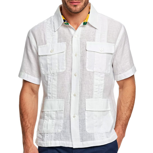 White Linen Summer Shirt with Plaid Collar