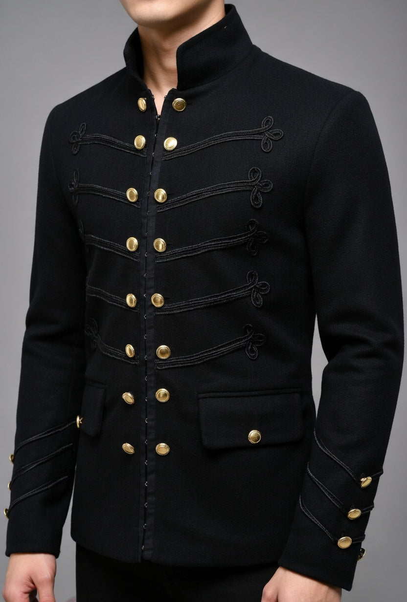 Men's Black Cropped Napoleon Military Jacket - High Stand Collar Braided Trim Gold Buttons Short Blazer