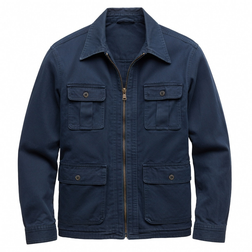 Men's Navy Cotton Utility Jacket - Zip Front Workwear Field Coat
