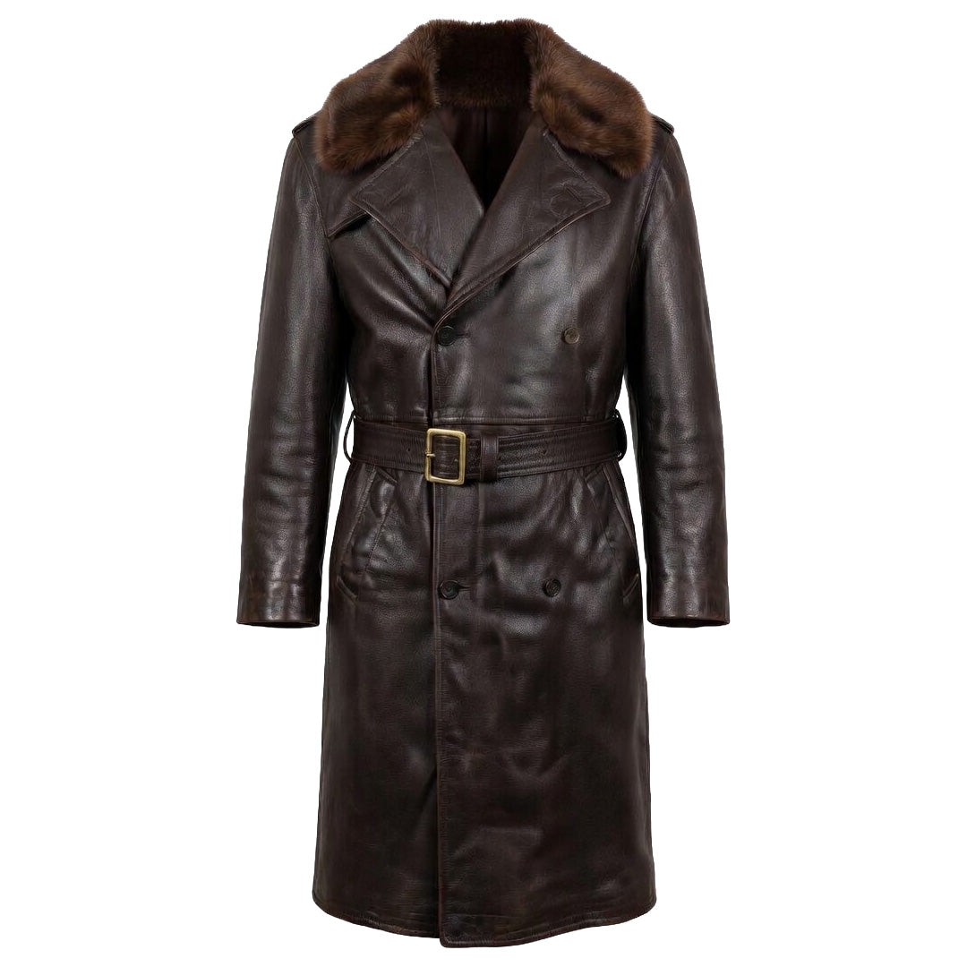 Men's Vintage Brown Faux Leather M-69F Transport Coat - 1940s WWII Inspired US Navy Military Trench Coat with Fur Collar