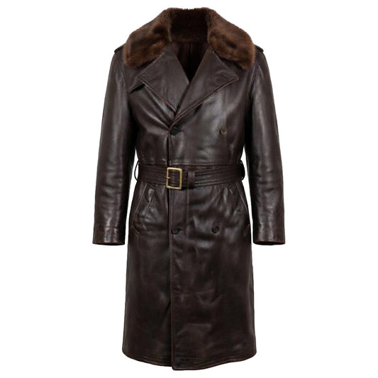 Men's Vintage Brown Faux Leather M-69F Transport Coat - 1940s WWII Inspired US Navy Military Trench Coat with Fur Collar