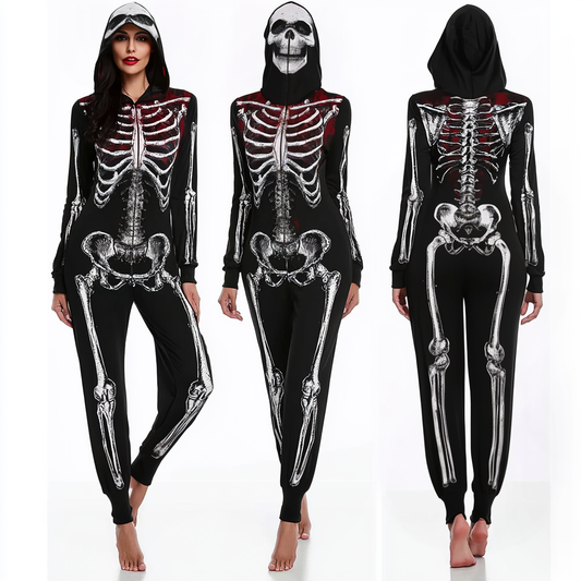 Women’s Hooded Undead Skeleton Jumpsuit Costume