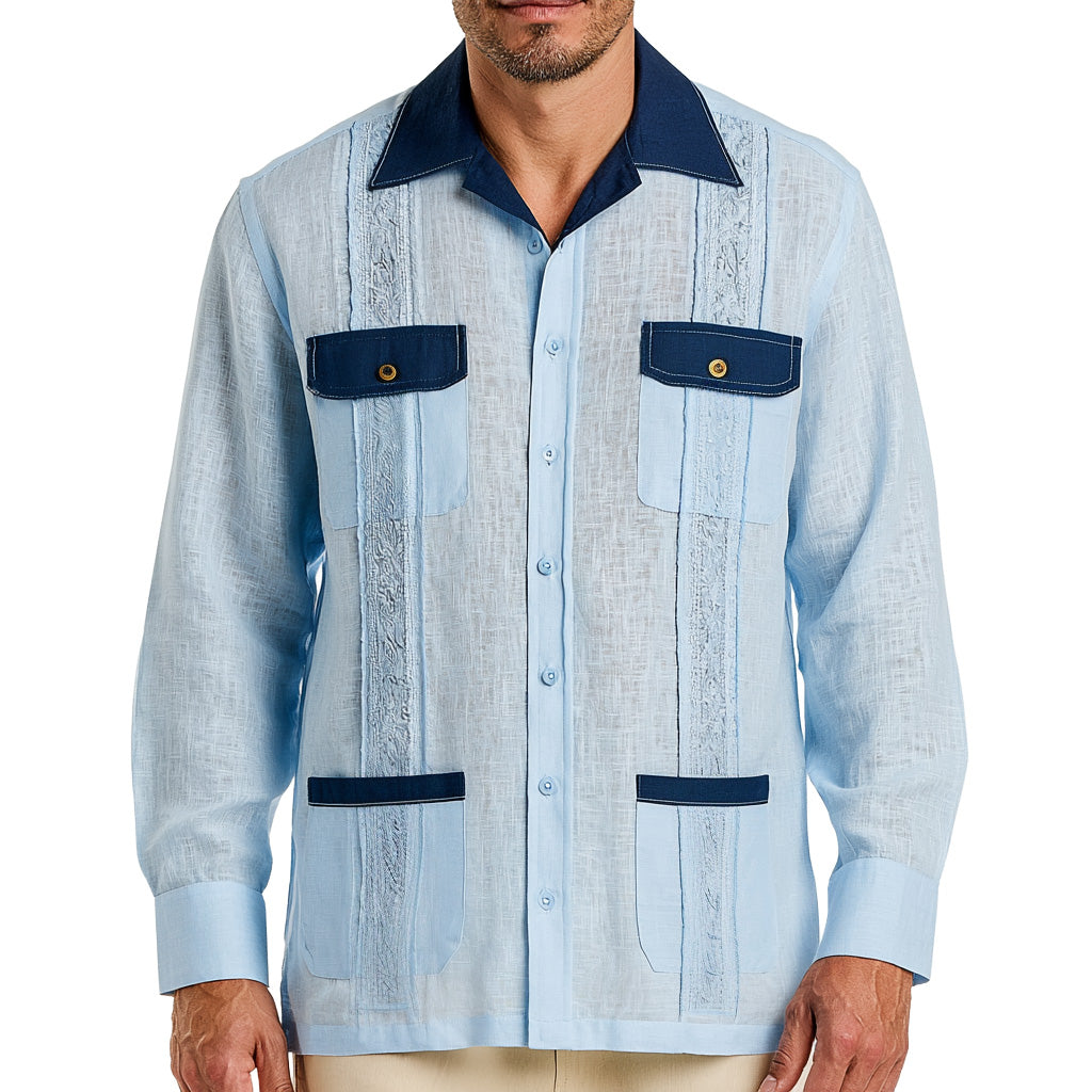 Long Sleeve Two-Tone Linen Guayabera Shirt