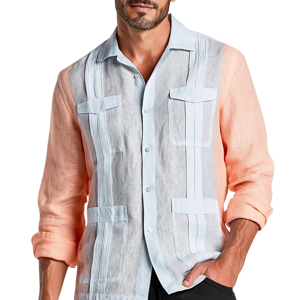 Colorblock Linen Guayabera Shirt