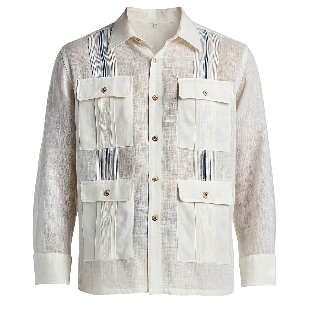 Ivory Linen Guayabera Shirt with Navy Stripes