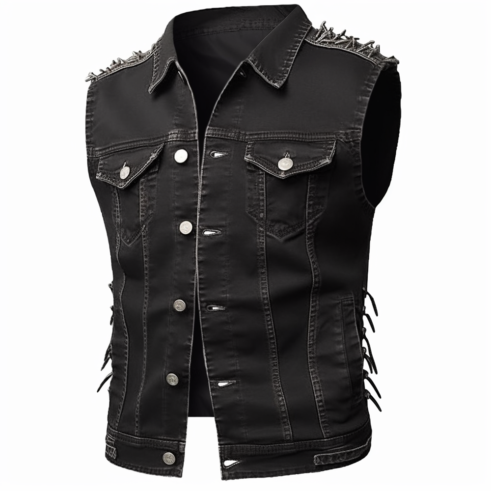 メンズ ヴィンテージ パンク デニムベスト ノースリーブ ジーンズジャケット リベット付き