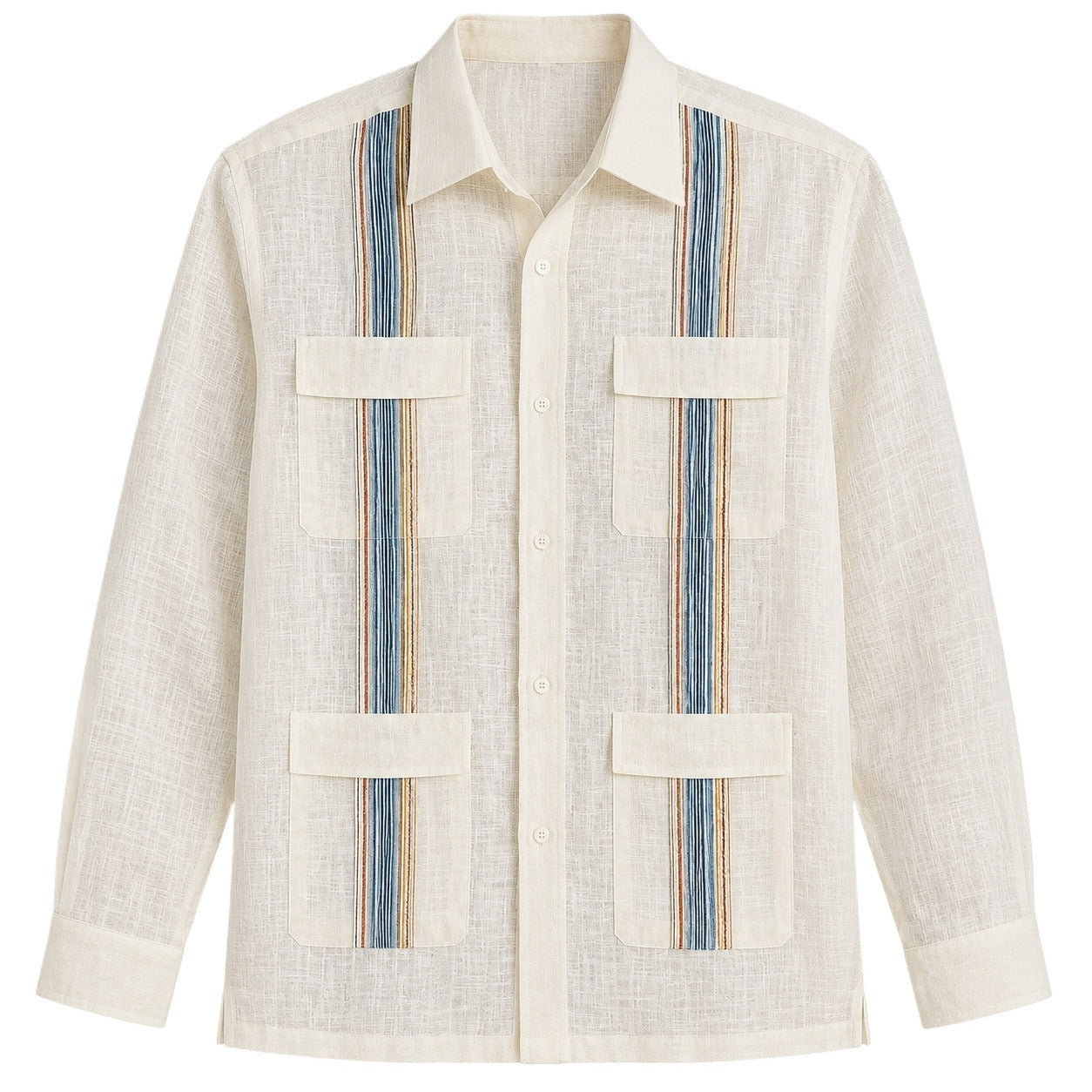 Multi-Stripe Linen Guayabera Shirt
