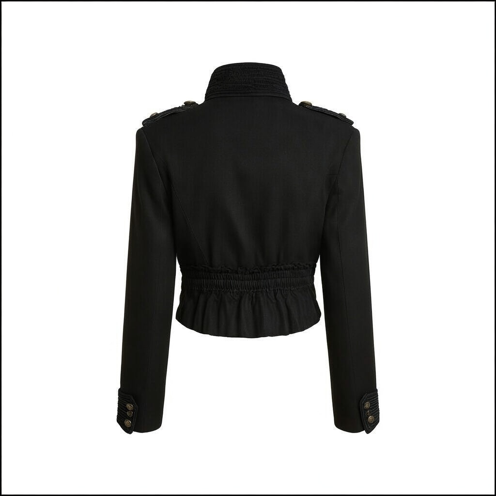 Women's Vintage Black Cropped Napoleon Military Jacket - High Stand Collar Braided Front Gold Buttons Short Blazer