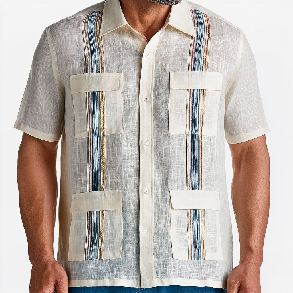 Ivory Linen Guayabera Shirt with Stripe Trim