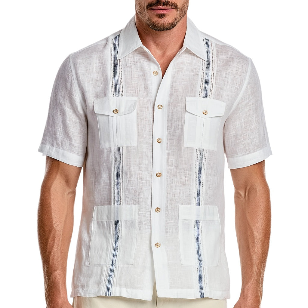 Linen White Guayabera Shirt with Navy Stripe Panels