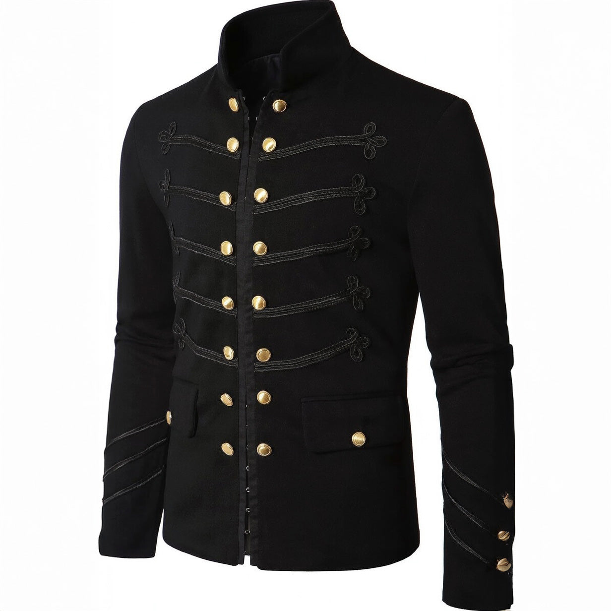 Men's Black Cropped Napoleon Military Jacket - High Stand Collar Braided Trim Gold Buttons Short Blazer