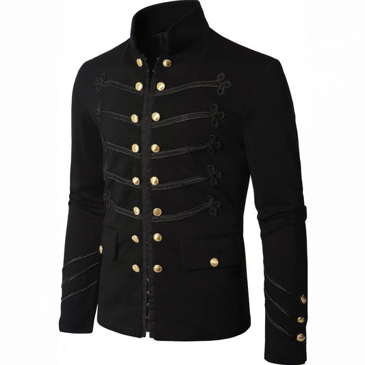 Men's Black Cropped Napoleon Military Jacket - High Stand Collar Braided Trim Gold Buttons Short Blazer