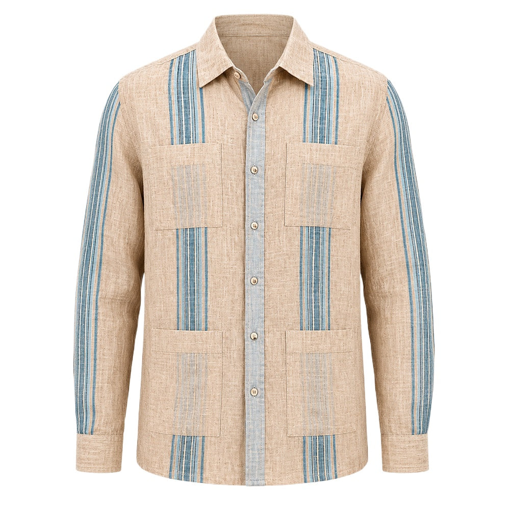 Sand Linen Guayabera Shirt with Blue Stripes