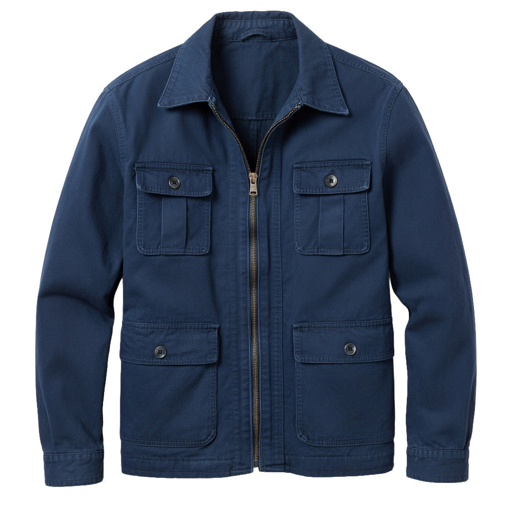 Men's Navy Cotton Utility Jacket - Zip Front Workwear Field Coat