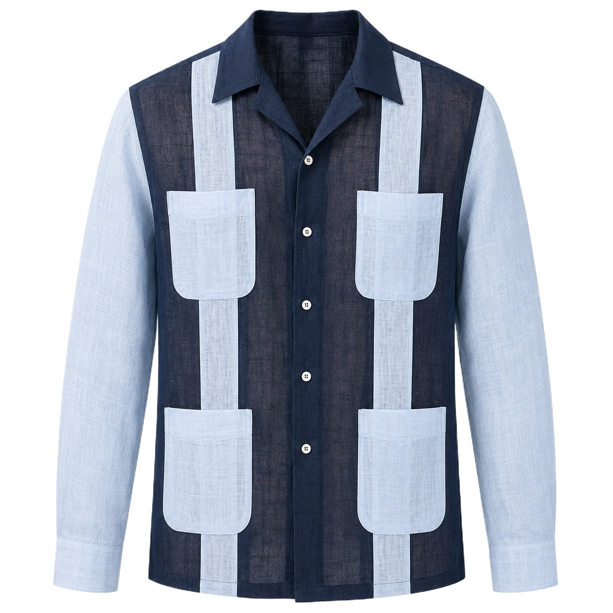 Navy Blue Guayabera Shirt with Light Blue Panels