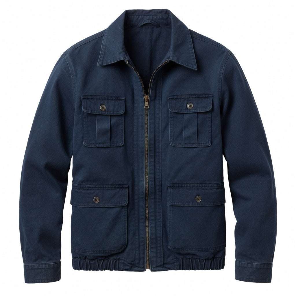 Men's Navy Cotton Utility Jacket - Zip Front Workwear Field Coat