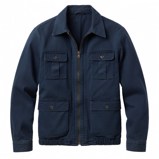 Men's Navy Cotton Utility Jacket - Zip Front Workwear Field Coat