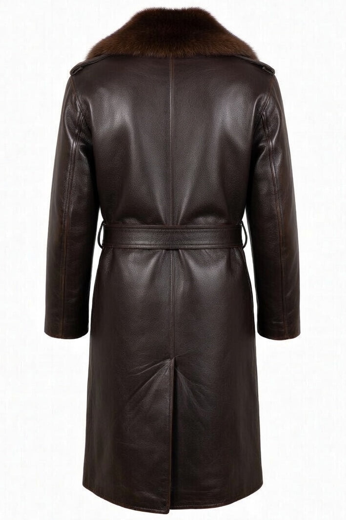 Men's Vintage Brown Faux Leather M-69F Transport Coat - 1940s WWII Inspired US Navy Military Trench Coat with Fur Collar