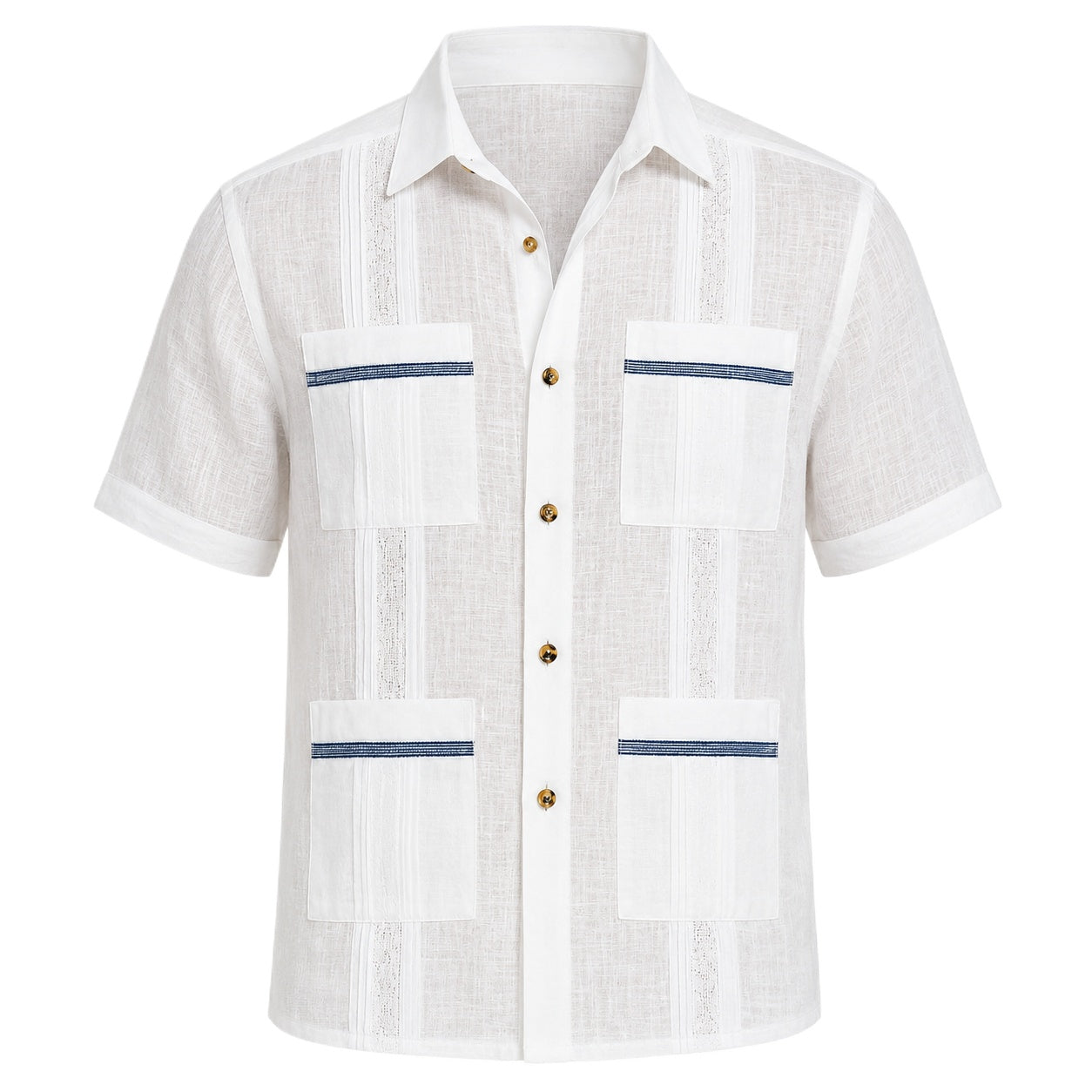 Men’s 100% Linen White Guayabera Shirt with Navy Trim