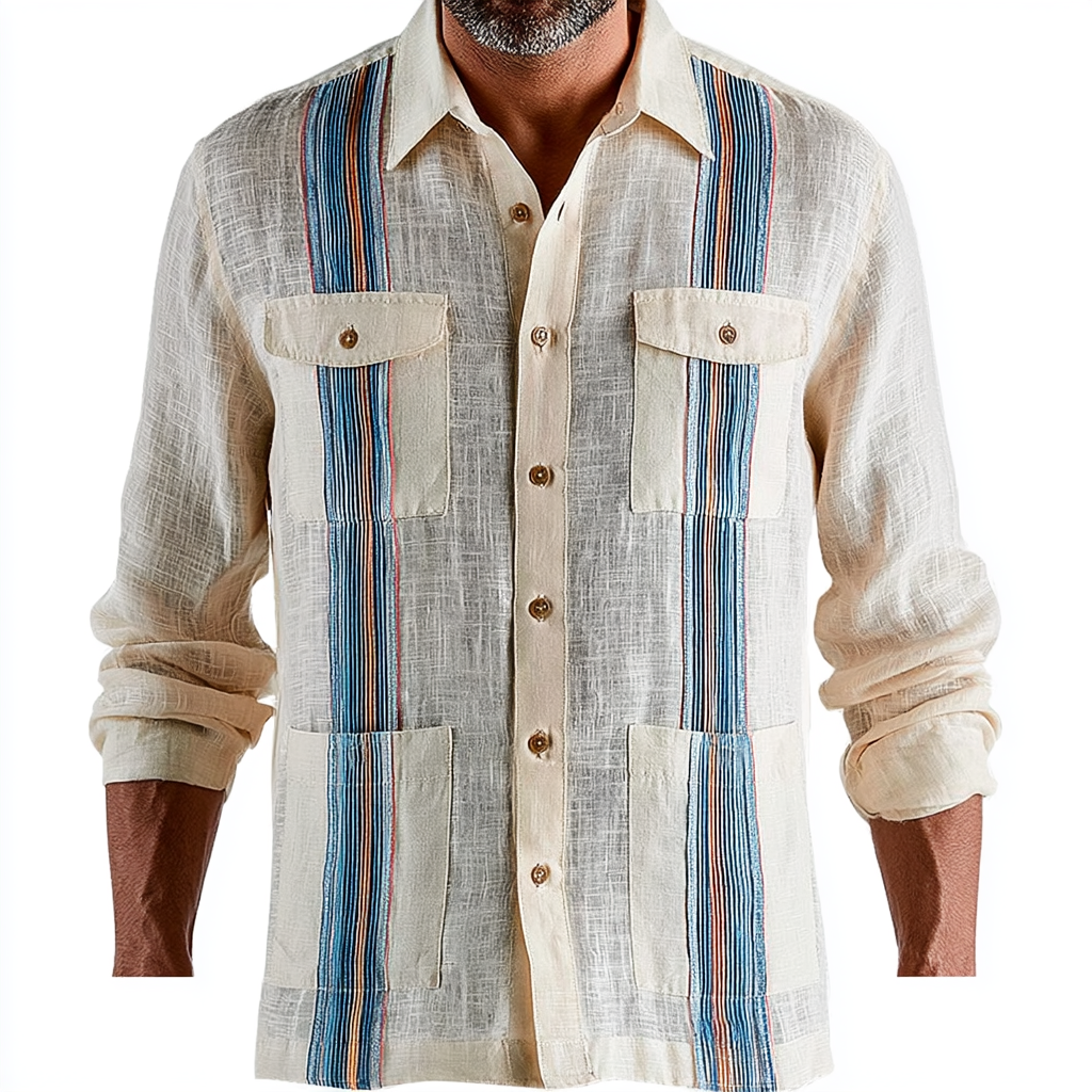 Multi-Stripe Linen Guayabera Shirt