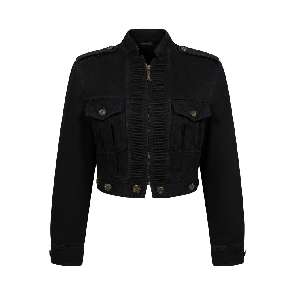 Women's Vintage Black Cropped Napoleon Military Jacket - Stand Collar Ruffled Front Zip Up Utility Blazer with Pockets