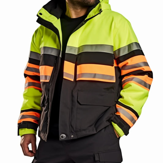 Men's Waterproof Work Jacket with Fluorescent Yellow and Reflective Stripes