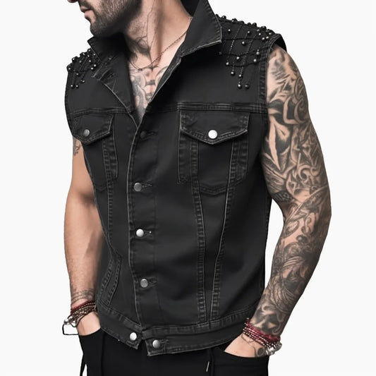 Gilet en jean vintage punk sans manches pour homme avec rivets