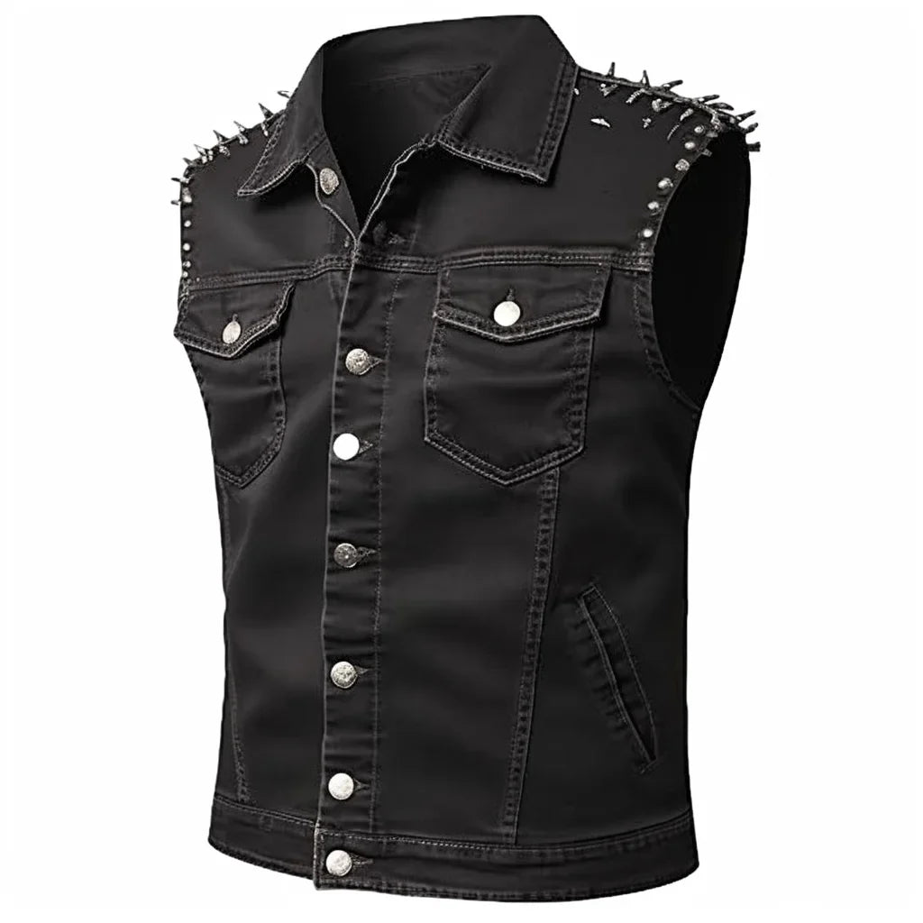 Gilet en jean vintage punk sans manches pour homme avec rivets