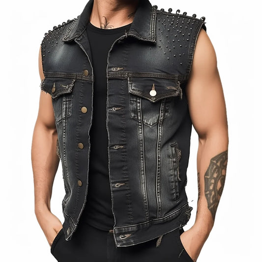 Gilet en jean vintage punk sans manches pour homme avec rivets
